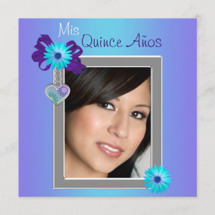 Convites Foto Quinceanera Roxa Azul-Anil