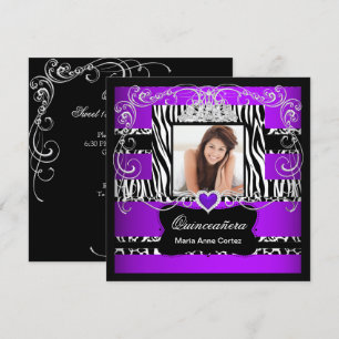Convites Foto Quinceanera Roxo Branco Preto Zebra Vaca