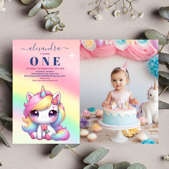 Convites Foto: Rainbow Unicorn Birthday Invitation 1rua (Criador carregado)
