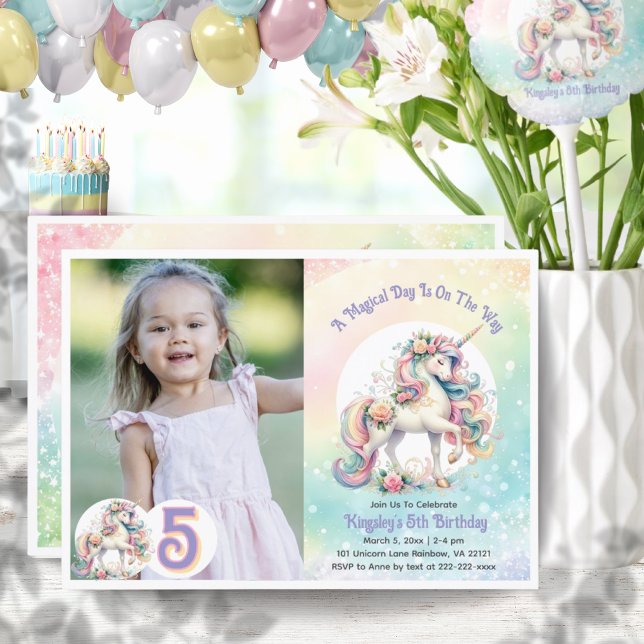 Convites Foto Raio-Arco Radiante do Pastel 5 cinco Unicorn (5th Five Unicorn Pastel Radiant Rainbow Photo Invitation)