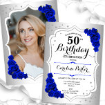 Convites Foto Real Azul Silver Elegante 50º Aniversário<br><div class="desc">Elegante convite floral feminino de 50 anos com sua foto no final do cartão. Glam design com falso prata. Apresenta rosas azuis reais, fonte de script e confetti. Perfeito para uma festa de comemoração de na moda adulto. Personalize com seus próprios detalhes. Pode ser personalizado para qualquer idade! Impressos convites...</div>