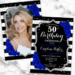 Convites Foto Real Blue Black Silver 50º aniversário<br><div class="desc">Elegante convite floral feminino de 50 anos com sua foto no final do cartão. Design azul real branco preto-claro com cinza azul escura. Apresenta faixas pretas e brancas, rosas azuis safiras, fontes de script e confetti. Perfeito para uma festa de comemoração de na moda adulto. Personalize com seus próprios detalhes....</div>