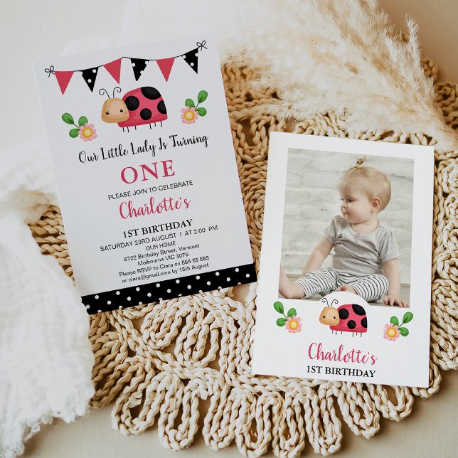 Convites Foto Red Black Our Little Ladybug primeiro anivers (Ladybug 1st Birthday Invitation Template With Photo, Our Little Lady Ladybug Birthday Invite Bunting)