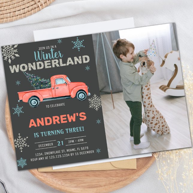 Convites Foto Red Truck Winter Wonderland Invtions (Photo Red Truck Winter Wonderland Invitations)