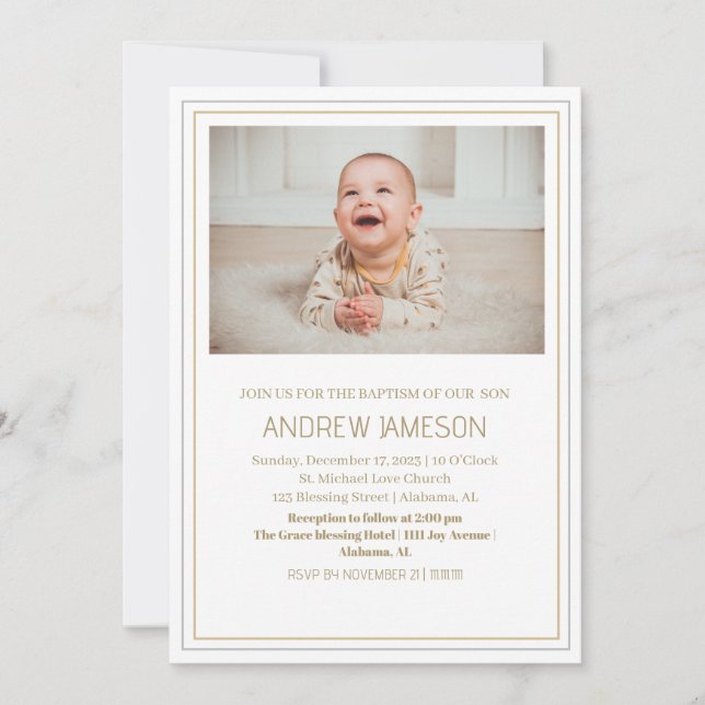 Convites Foto redonda Dourada cristã elegante | Batismo (Frente)