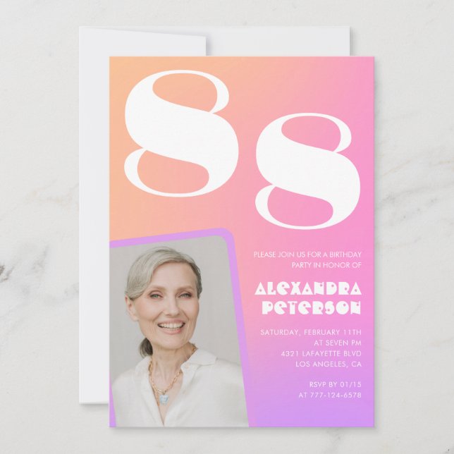 Convites Foto Retro Gradiente Rosa 88º aniversário (Frente)