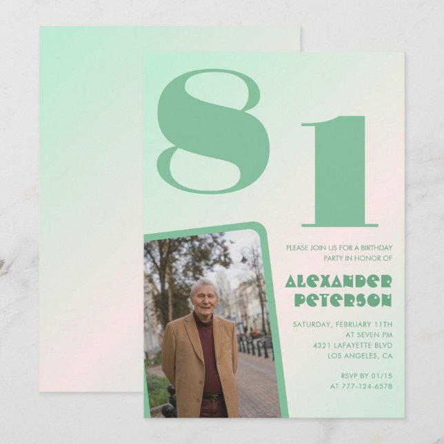 Convites Foto Retro Gradiente Verde Aniversário de 81 anos (Frente/Verso)