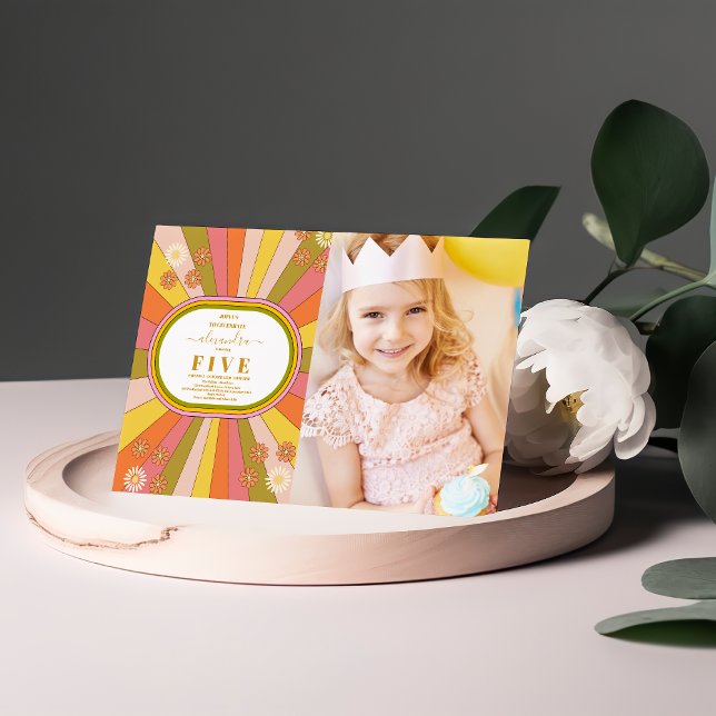 Convites Foto Retro Groovy 70's Themed Aniversário de crian (Criador carregado)