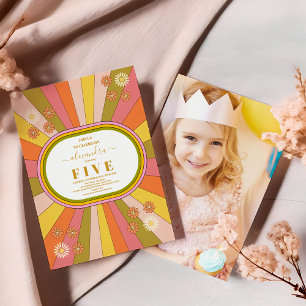 Convites Foto Retro Groovy 70's Themed Aniversário de crian