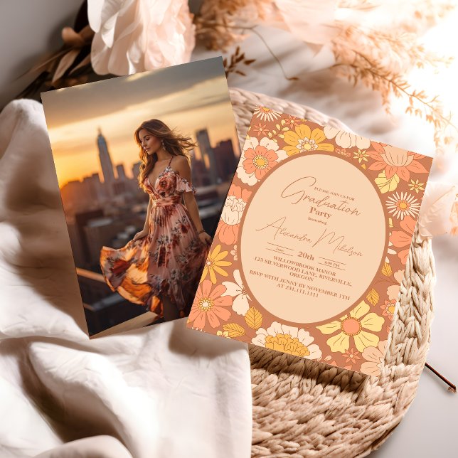 Convites Foto Retro Groovy 70's Themed Graduação (Criador carregado)