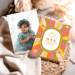 Convites Foto Retro Groovy 70's Themed primeiro aniversario