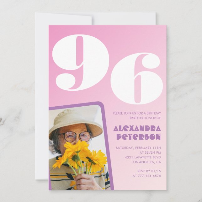 Convites Foto Retro Pink 96.º aniversário (Frente)