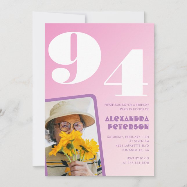 Convites Foto Retro Rosa aniversário de 94 anos (Frente)