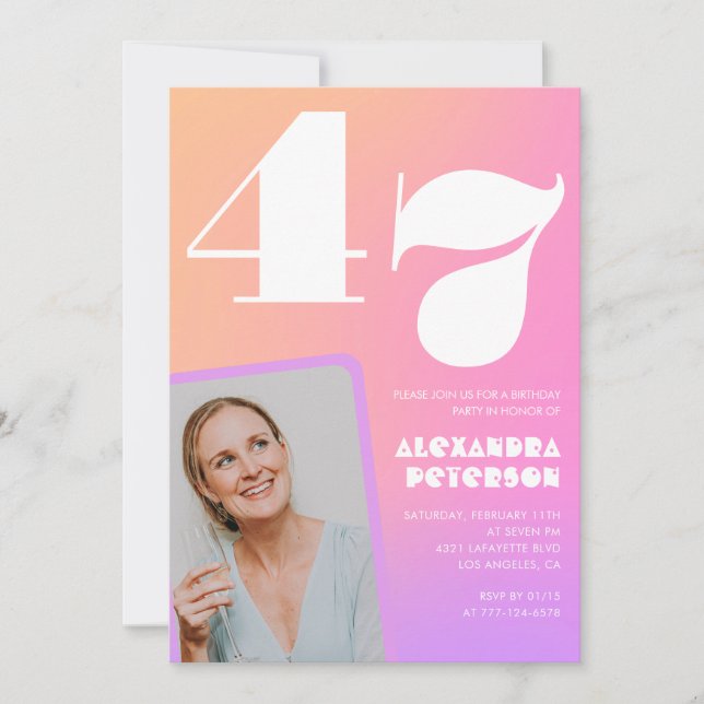 Convites Foto retrorativa com gradiente rosa 47 anos (Frente)