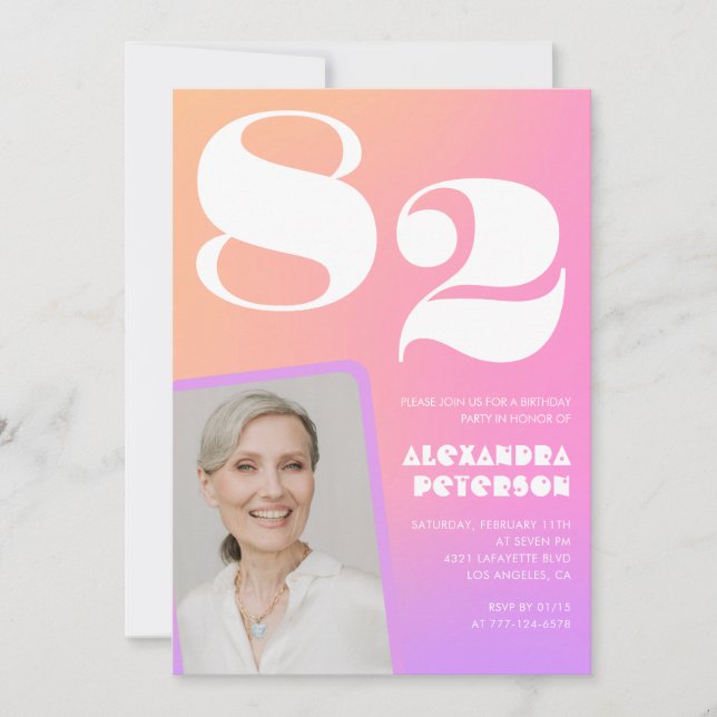 Convites Foto retrorativa com gradiente rosa, 82 anos (Frente)