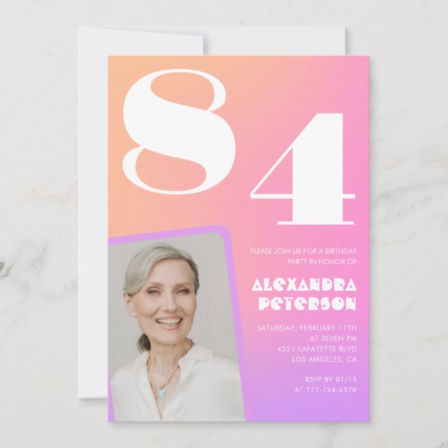 Convites Foto retrorativa com gradiente rosa, 84 anos (Frente)