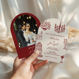 Convites Foto Romântica de Borgonha Arqueada Casamento