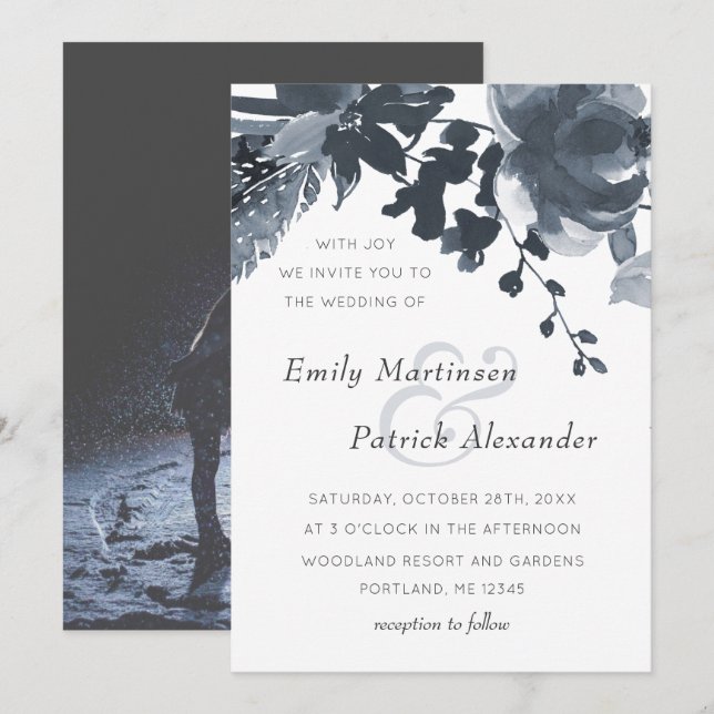 Convites Foto Romântica De Casamento Floral Azul (Frente/Verso)