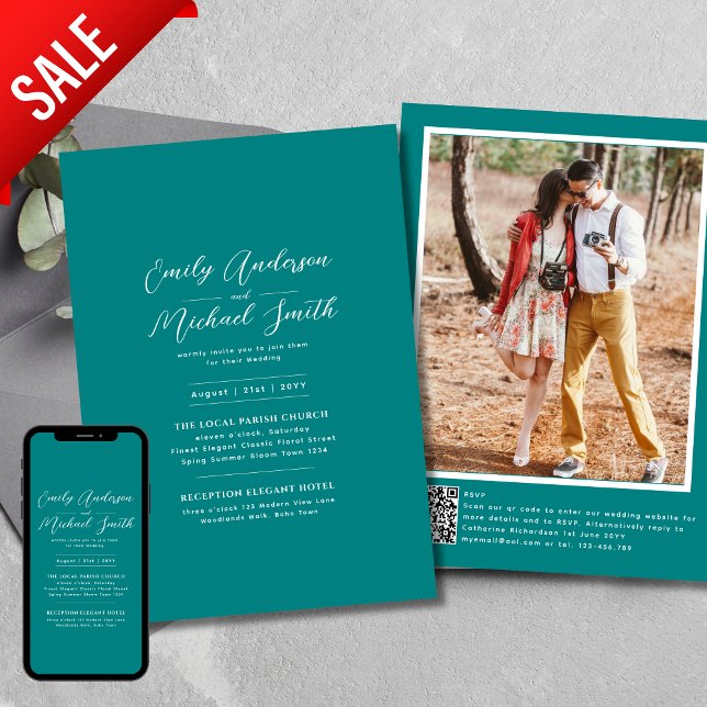 Convites Foto Romântica Do Teal Qr Code Rsvp Casamento (Criador carregado)