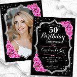 Convites Foto rosa 50º aniversário do Elegante Black Silver<br><div class="desc">Elegante convite de 50 anos florais com sua foto no fundo do cartão. Design preto e cor-de-vidro com prata brilhante. Possui rosas cor-de-rosa, fonte de script e confetti. Perfeito para uma festa de comemoração de na moda adulto. Personalize com seus próprios detalhes. Pode ser personalizado para qualquer idade! Impressos convites...</div>