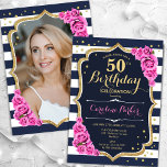 Convites Foto rosa azul marinho 50º aniversário<br><div class="desc">Elegante convite floral feminino de 50 anos com sua foto no final do cartão. Design de cor rosa branca com marinho brilhante com ouro brilhante falso. Apresenta faixas marinho azul e branca, rosas cor-de-rosa-bebê, fonte de script e confetti. Perfeito para uma festa de comemoração de na moda adulto. Personalize com...</div>