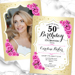Convites Foto rosa branca e rosa branca elegante 50º aniver<br><div class="desc">Elegante convite floral feminino de 50 anos com sua foto no final do cartão. Design com ouro falso. Possui rosas cor-de-rosa, fonte de script e confetti. Perfeito para uma festa de comemoração de na moda adulto. Personalize com seus próprios detalhes. Pode ser personalizado para qualquer idade! Impressos convites Zazzle ou...</div>