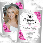Convites Foto rosa branca-rosa-prata Elegante 50º aniversár<br><div class="desc">Elegante convite floral feminino de 50 anos com sua foto no final do cartão. Glam design com falso prata. Possui rosas cor-de-rosa, fonte de script e confetti. Perfeito para uma festa de comemoração de na moda adulto. Personalize com seus próprios detalhes. Pode ser personalizado para qualquer idade! Impressos convites Zazzle...</div>
