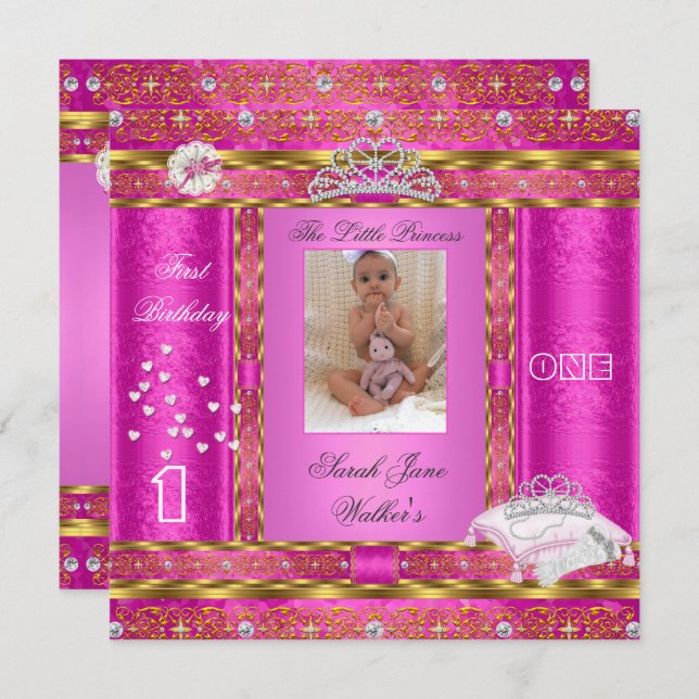 Convites Foto Rosa da Primeira Festa de aniversário da Prin (Frente/Verso)