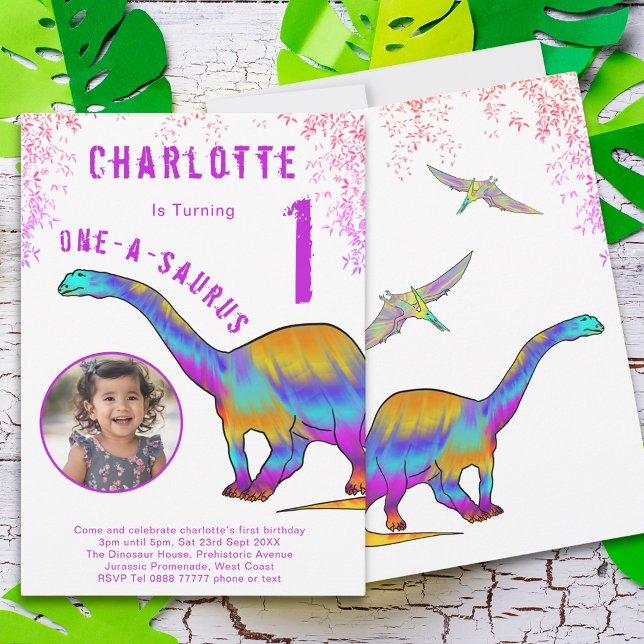 Convites Foto rosa do Partido do primeiro aniversario Dinos (Colorful dinosaur 1st birthday party invitation one-a-saurus watercolor brontosaurus & pterodactyl )