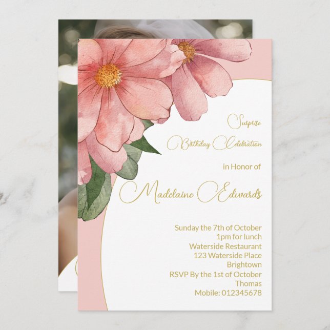 Convites Foto rosa Dourada Elegante de Aniversário Adulto (Frente/Verso)