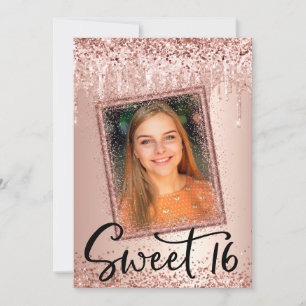Convites Foto Rosa Dourada Glitter Drip Girly Modern Sweet
