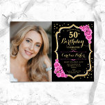 Convites Foto rosa Dourada preta 50º aniversário<br><div class="desc">Elegante convite de 50 anos florais com sua foto. Design cor-de-rosa preto brilhante com ouro brilhante falso. Possui rosas cor-de-rosa, fonte de script e confetti. Perfeito para uma festa de comemoração de na moda adulto. Personalize com seus próprios detalhes. Pode ser personalizado para qualquer idade! Impressos convites Zazzle ou modelo...</div>