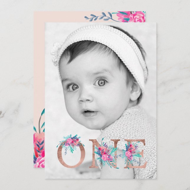 Convites Foto Rosa dourado com primeiro aniversario de letr (Frente/Verso)