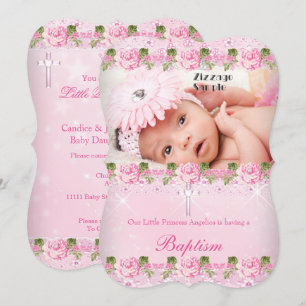Convites Foto Rosa Floral Batismo Bebê Menina