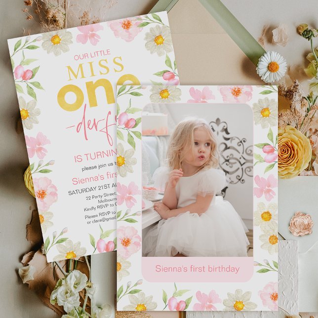 Convites Foto Rosa Floral primeiro aniversario da Miss Onei (Photo Miss Onederful 1st Birthday Invitation Template, Girls Onederful First Birthday Invitation )
