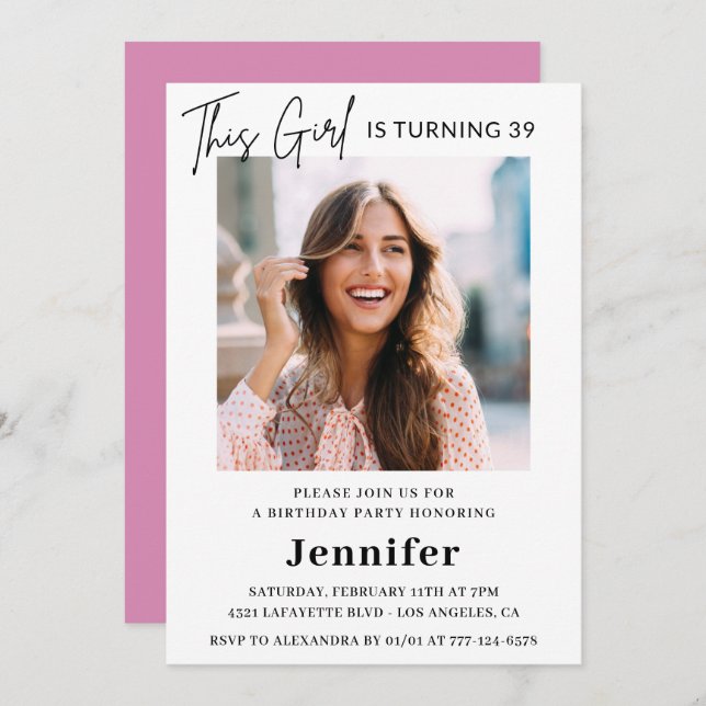 Convites Foto rosa moderna Elegante 39 anos (Frente/Verso)