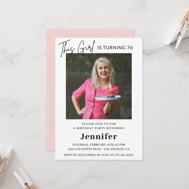 Convites Foto rosa moderna Elegante 76 anos (Frente/Verso In Situ)