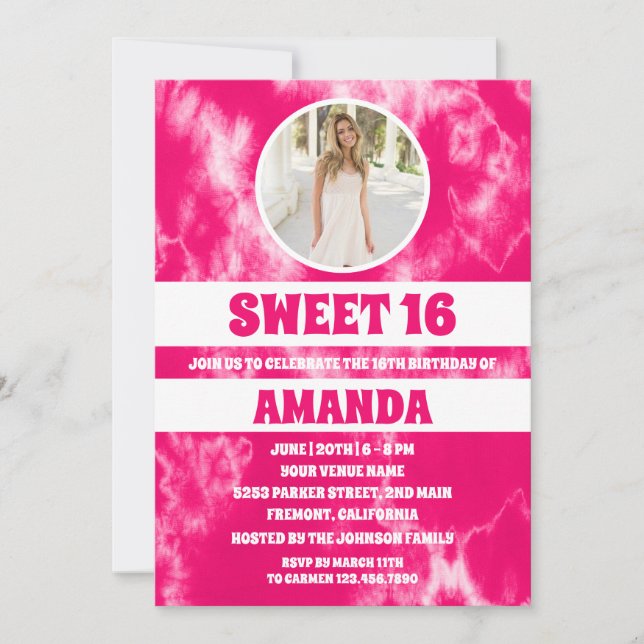 Convites Foto rosa moderna Tie Dye Sweet 16 (Frente)
