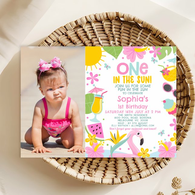Convites Foto Rosa Na primeiro aniversario Da Piscina Solar (One In The Sun Birthday Invitation Template With Photo, Sun Themed 1st Birthday Invitation Summer )