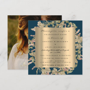 Convites Foto Rosa Noivado Floral Dourado Coroa Floral Azul
