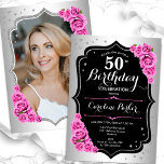 Convites Foto rosa preta prateada elegante 50º aniversário<br><div class="desc">Elegante convite floral feminino de 50 anos com sua foto no final do cartão. Glam design com falso prata. Possui rosas cor-de-rosa, fonte de script e confetti. Perfeito para uma festa de comemoração de na moda adulto. Personalize com seus próprios detalhes. Pode ser personalizado para qualquer idade! Impressos convites Zazzle...</div>
