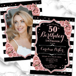 Convites Foto Rosa preto Dourado 50º aniversário<br><div class="desc">Elegante convite de 50 anos florais com sua foto no fundo do cartão. Design preto e cor-de-vidro com ouro rosa de brilho sujo. Apresenta faixas pretas e brancas, rosas cor-de-rosa pinceladas, fontes de script e confetti. Perfeito para uma festa de comemoração de na moda adulto. Personalize com seus próprios detalhes....</div>