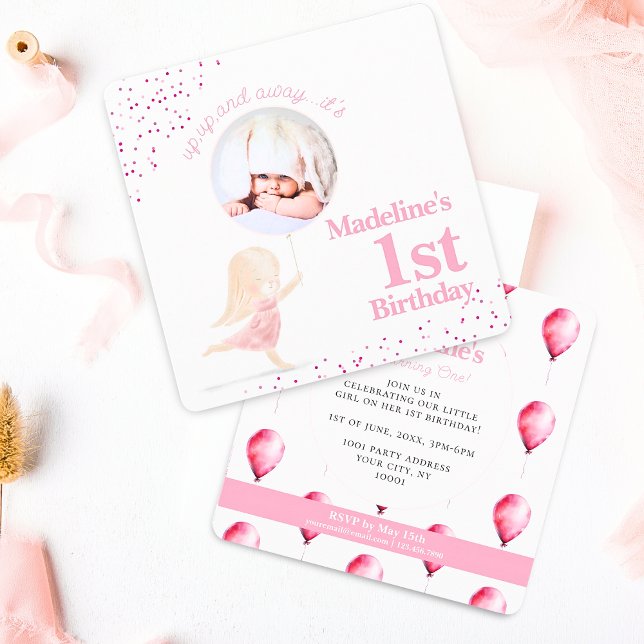 Convites Foto rosa-primeiro aniversario-de-coelho branco (Simple Cute Whimsical Bunny Rabbit Girls 1st birthday party invitation with pink balloons & confetti)