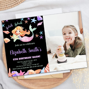 Convites Foto rosa púrpura sob o mar Sereia Aniversário