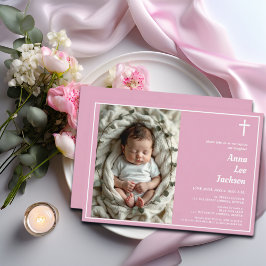 Convites Foto Rosa Rosa Dusta da Cruz Branca do Batismo Mod