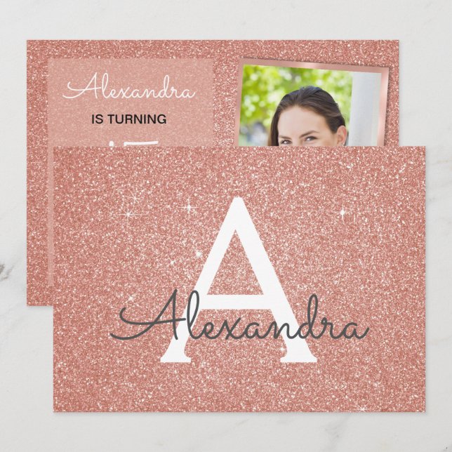 Convites Foto rosa-rosa-pia-pincelada Rosa-brilho Dourado (Frente/Verso)