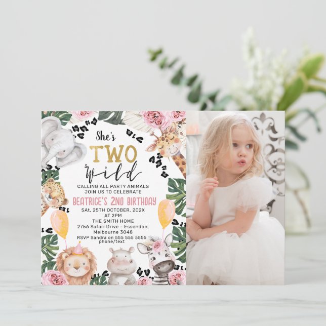 Convites Foto rosa Roses Safari Dois Aniversário Selvagem (Em pé/Frente)