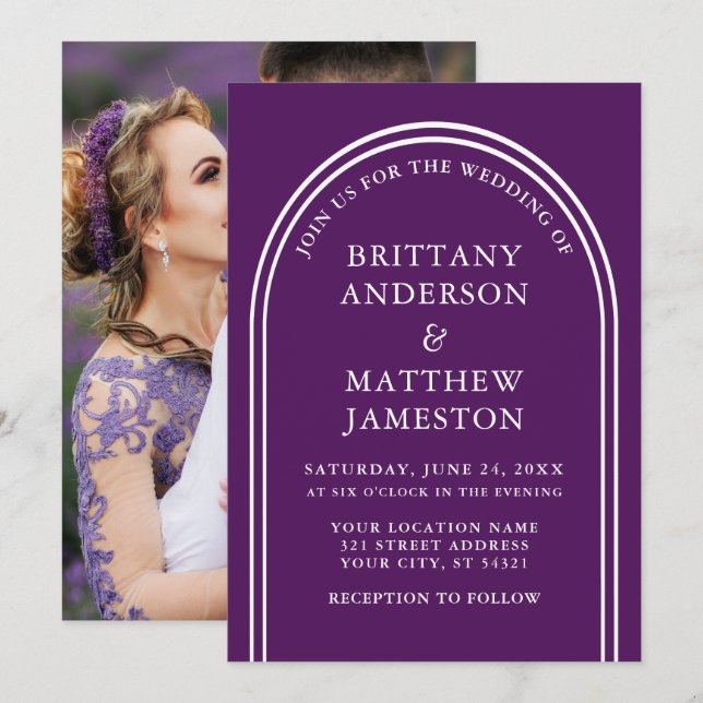 Convites Foto Roxa de Casamento de Arch Na moda Moderno (Frente/Verso)