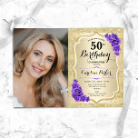 Convites Foto Roxo 50º Aniversário do Elegante Dourado<br><div class="desc">Elegante convite floral feminino para o 50º aniversário com sua foto. Design de vidro com ouro brilhante falso. Apresenta faixas, rosas roxos, fontes de script e confetti. Perfeito para uma festa de comemoração de na moda adulto. Personalize com seus próprios detalhes. Pode ser personalizado para qualquer idade! Impressos convites Zazzle...</div>