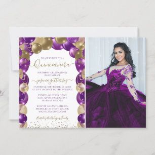 Convites Foto Roxo Dourado Quinceañera Balão